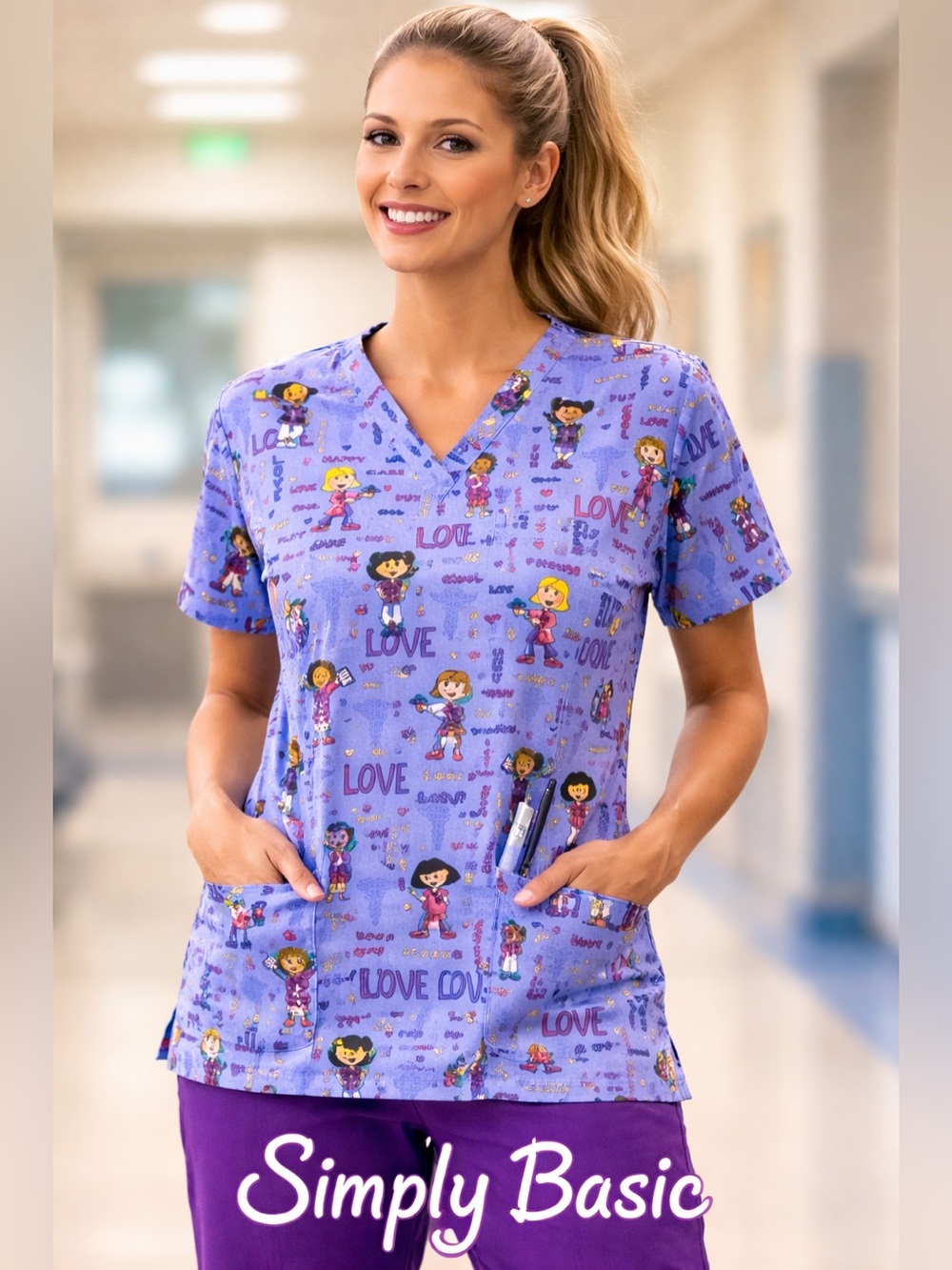 3/$20✨Simply Basic Nurses Cartoons Scrubs Top